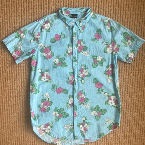 Rick & Morty Mens SeaFoam Blue Hawaiian Button-Down Shirt Short Sleeve SZ M - Picture 3 of 14